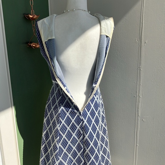 Vintage 60s 70s Navy and White Diamond Print Jacket and Dress Set - Picture 10 of 13